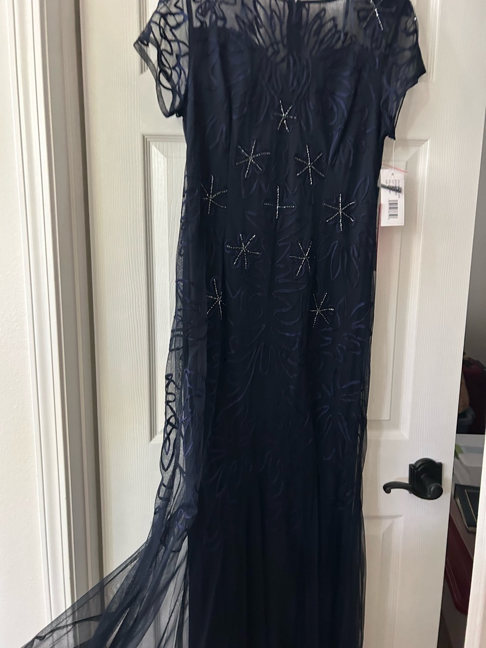 Elegant Navy Beaded Evening Dress with Sheer Overlay illusion gown